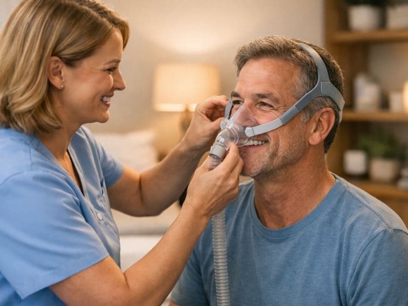 CPAP fitting session — patient working with care team on mask fitting