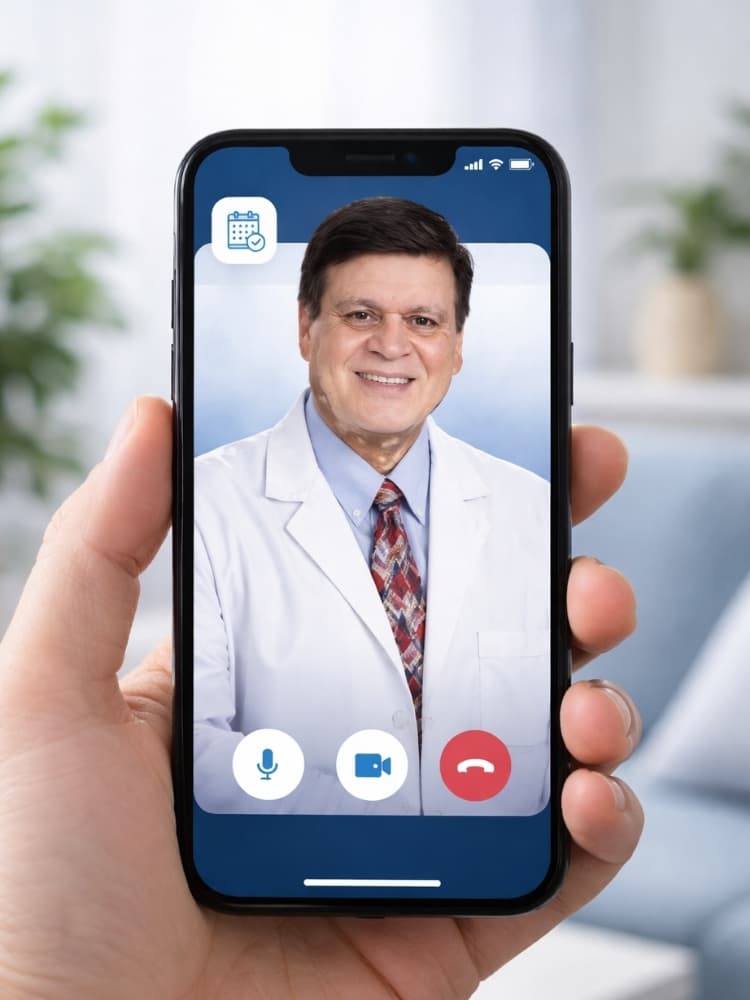 Dr. Desilva on a telehealth video call via mobile device